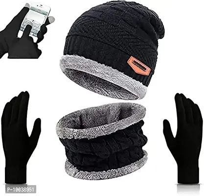 Davidson Latest Stylish Winter Woolen Beanie Cap Scarf (Fur Inside) and Touchscreen Gloves Set for Men and Women Stretch Warm Winter Cap (Black)-thumb0