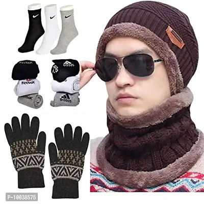 DAVIDSON Winter Knit Beanie Cap Hat Neck Warmer Scarf and Woolen Gloves Set and 3 Pair Socks Skull Cap for Men Women/Winter Cap for Men (Brown)