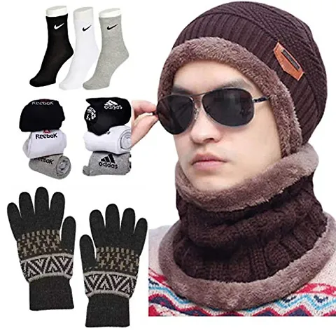 DAVIDSON Winter Knit Beanie Cap Hat Neck Warmer Scarf and Woolen Gloves Set and 3 Pair Socks Skull Cap for Men Women/Winter Cap for Men (Blue)