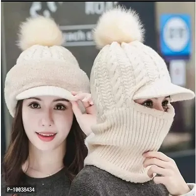 Winter Soft Warm 1 Set Snow Proof Ball Cap (Inside Fur) Woolen Beanie Cap With Scarf for Women Girl Ladies- (Cream)