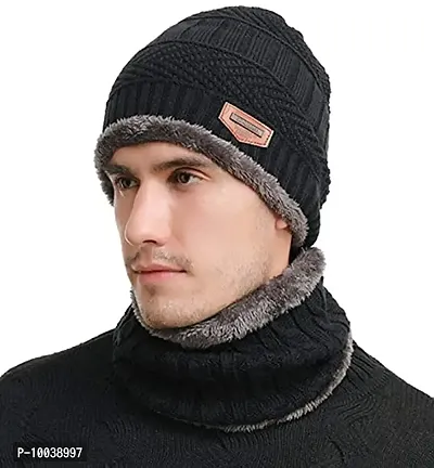 Winter Woolen Cap, Neck Warmer Scarf with Tuch Gloves Set| Beanie Style| 3 Piece Set| Warm Winter Neck Scarf, Tuch Gloves and caps Suitable for Men and Women|Stylish (Black)-thumb4