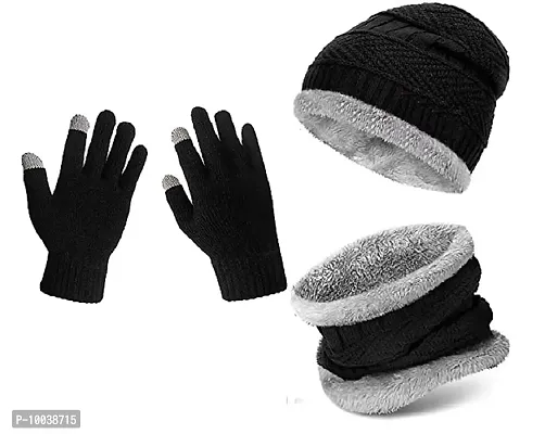 DAVIDSON Winter Knit Beanie Cap Hat Neck Warmer Scarf and Woolen Gloves Set for Men  Women (3 Piece) (C10)