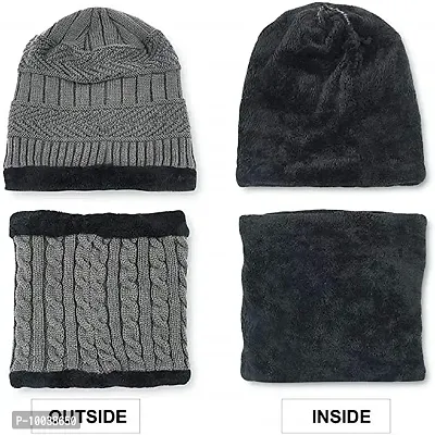 DAVIDSON Men's Wool Beanie Cap, Neck Warmer Scarf And Winter Gloves (Pack Of 3 Pieces) (bbg-99_Grey_Free Size)-thumb2