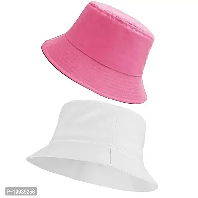 DAVIDSON Pack of 2 Stylish Cotton Pink and White Bucket Cap for Beach Sun Protection for Girls and Women (C1)