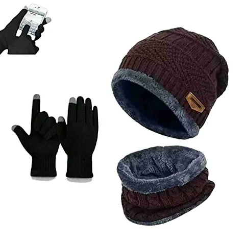 Winter Woolen Cap, Neck Warmer Scarf with Tuch Gloves Set| Beanie Style| 3 Piece Set| Warm Winter Neck Scarf, Tuch Gloves and caps Suitable for Men and Women|Stylish