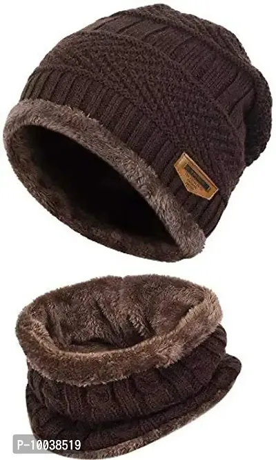 DAVIDSON 2-Pieces Winter Beanie Hat Scarf Set Warm Knit Hat Thick Fleece Lined Winter Hat & Scarf for Men Women (Brown)