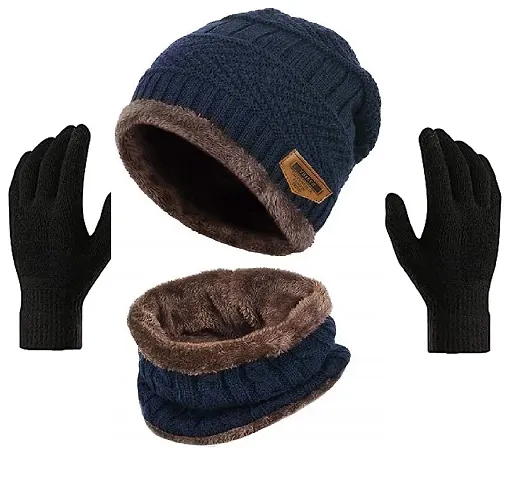 DAVIDSON Women's Woolen Cap with Neck Muffler/Neckwarmer Set of 2 Free Size with Free Gloves