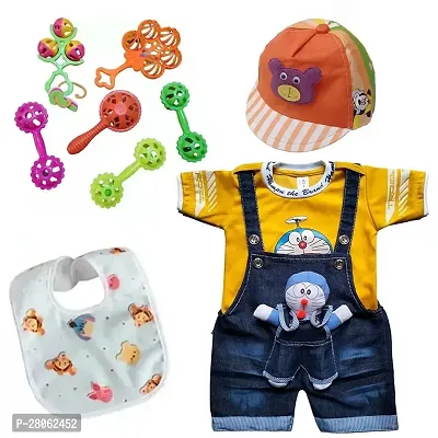 Dungaree Dress with Cap, 5 Rattle Baby Bibs-thumb0