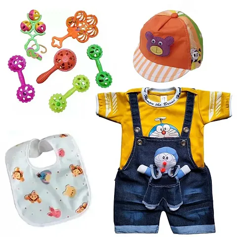 Dungaree Dress with Cap, 5 Rattle Baby Bibs