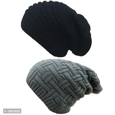 DAVIDSON Set of 2 Winter Woolen Beanie Cap with Indise Fur for Men Women Boys and Girls (C4)-thumb0