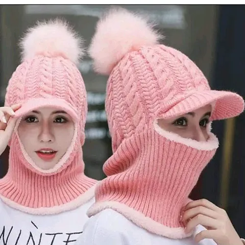 Winter Soft Warm 1 Set Snow Proof Ball Cap (Inside Fur) Woolen Beanie Cap With Scarf for Women Girl Ladies-