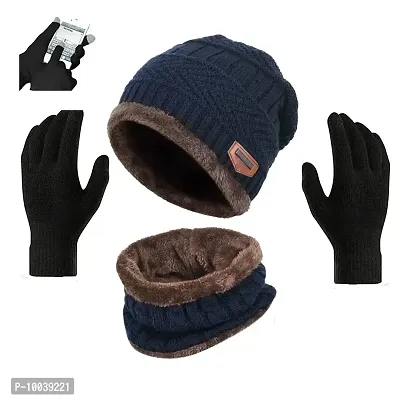 Davidson Winter Cap, Neck Scarf/Neck Warmer with Hand Gloves Touch Screen for Men  Women, Warm Neck and Cap with touch screen glove (Blue)-thumb0