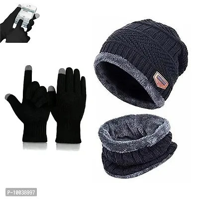 Winter Woolen Cap, Neck Warmer Scarf with Tuch Gloves Set| Beanie Style| 3 Piece Set| Warm Winter Neck Scarf, Tuch Gloves and caps Suitable for Men and Women|Stylish (Black)
