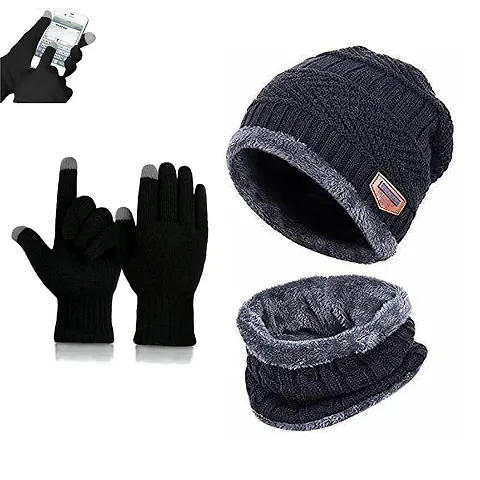 Winter Woolen Cap, Neck Warmer Scarf with Tuch Gloves Set| Beanie Style| 3 Piece Set| Warm Winter Neck Scarf, Tuch Gloves and caps Suitable for Men and Women|Stylish