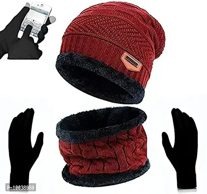 Latest Stylish Winter Woolen Beanie Cap Scarf (Fur Inside) and Touchscreen Gloves Set for Men and Women Stretch Warm Winter Cap (Red)