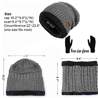 Latest Stylish Winter Woolen Beanie Cap Scarf (Fur Inside) and Touchscreen Gloves Set for Men and Women Stretch Warm Winter Cap (Grey)-thumb3