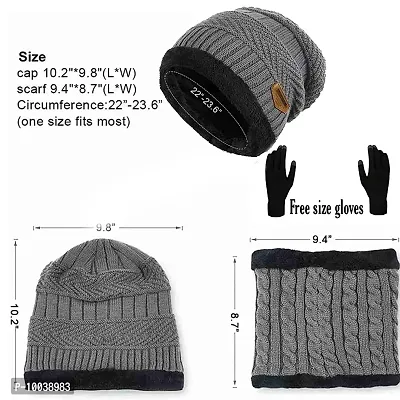 Latest Stylish Winter Woolen Beanie Cap Scarf (Fur Inside) and Touchscreen Gloves Set for Men and Women Stretch Warm Winter Cap (Grey)-thumb4