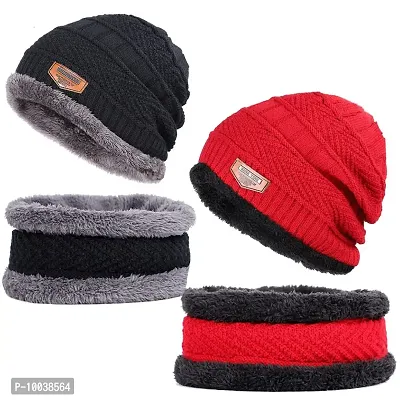 DAVIDSON Winter Beanie Hat Scarf Set 2-Pieces Warm Knit Hat Thick Fleece Lined Winter Hat  Scarf for Men Women(Set of 2) (C2)