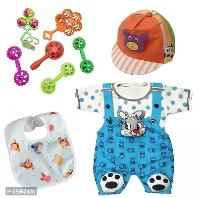 Dungaree Dress with Cap, 5 Rattle Baby Bibs