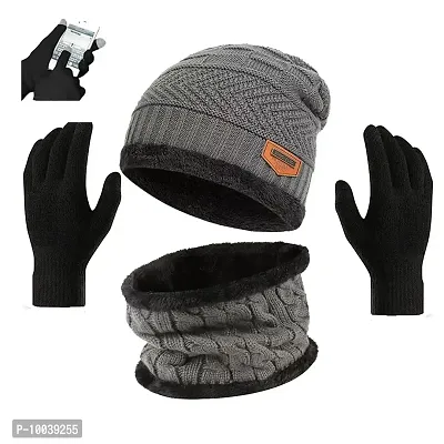 Davidson Winter Cap, Neck Scarf/Neck Warmer with Hand Gloves Touch Screen for Men & Women, Warm Neck and Cap with touch screen glove (Grey)