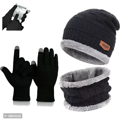 Davidson Wool Winter Cap, Neck Scarf/Neck Warmer with Hand Gloves Touch Screen for Men  Women, Warm Neck and Cap with touch screen glove (Black)-thumb0