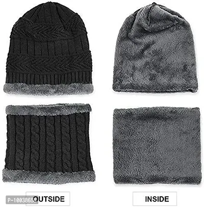 DAVIDSON 2 Pcs - Cap and Scarf - Imported Soft Warm Snow and Air Proof Fleece Knitted Cap (Inside Fur) Woolen Beanie Winter Cap with Scarf for Women Girl Ladies (C2)-thumb2