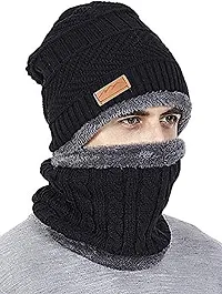 DAVIDSON Men's Woolen Cap with Neck Muffler/Neckwarmer Set of 2 Free Size (Black)-thumb1