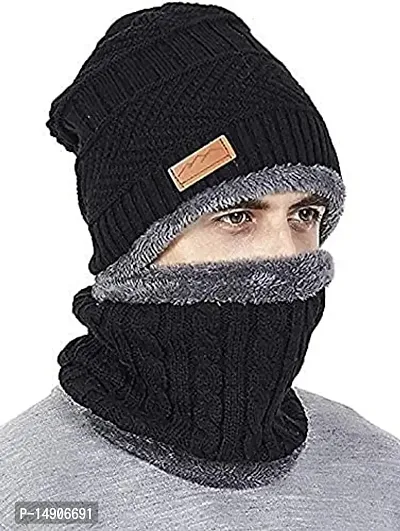 DAVIDSON Men's Woolen Cap with Neck Muffler/Neckwarmer Set of 2 Free Size (Black)-thumb2