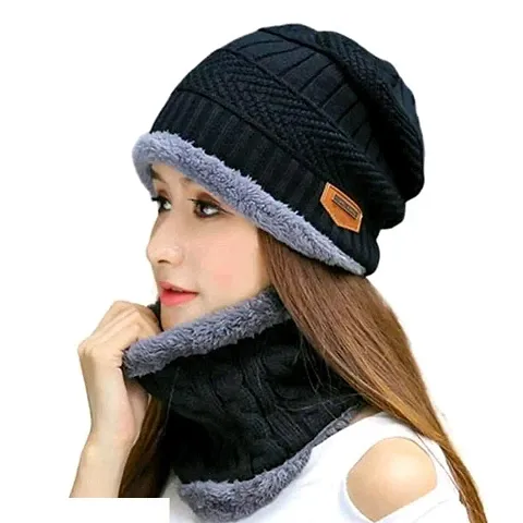 DAVIDSON 2-Pieces Winter Beanie Hat Scarf Set Warm Knit Thick Fleece Lined Winter Hat & Scarf for Men Women