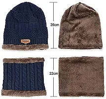 DAVIDSON Men's Wool Beanie Cap, Neck Warmer Scarf And Winter Gloves (Pack Of 3 Pieces) (bbg-99_Blue_Free Size)-thumb2