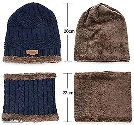 DAVIDSON Men's Wool Beanie Cap, Neck Warmer Scarf And Winter Gloves (Pack Of 3 Pieces) (bbg-99_Blue_Free Size)-thumb3