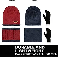 Latest Stylish Winter Woolen Beanie Cap Scarf (Fur Inside) and Touchscreen Gloves Set for Men and Women Stretch Warm Winter Cap (Red)-thumb1