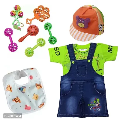 Dungaree Dress with Cap, 5 Rattle Baby Bibs-thumb0