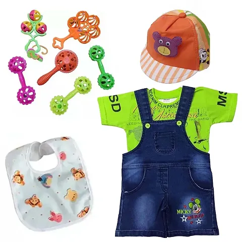 Dungaree Dress with Cap, 5 Rattle Baby Bibs