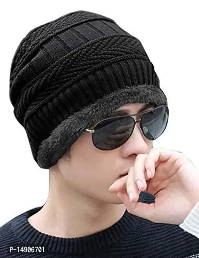 Davidson Men's Woolen Cap with Neck Muffler/Neckwarmer Set of 2 Free Size for Men Women (Black)-thumb5