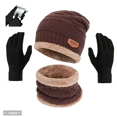 Davidson muffler Winter Cap, Neck Scarf/Neck Warmer with Hand Gloves Touch Screen for Men  Women, Warm Neck and Cap with touch screen glove (Brown)-thumb0