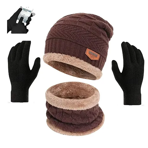 Davidson muffler Winter Cap, Neck Scarf/Neck Warmer with Hand Gloves Touch Screen for Men Women, Warm Neck and Cap with touch screen glove (Brown)