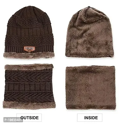 DAVIDSON Men's Acrylic Beanie Cap, Neck Warmer Scarf And Woolen Gloves (Pack Of 3 Pieces) (bbg-99_Brown_Free Size)-thumb4