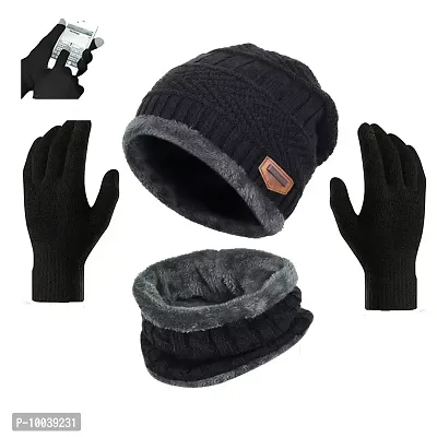 Davidson Winter Cap, Neck Scarf/Neck Warmer with Hand Gloves Touch Screen for Men  Women, Warm Neck and Cap with touch screen glove (Black)-thumb0