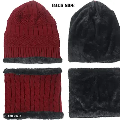 DAVIDSON Winter Knit Beanie Cap Hat Neck Warmer Scarf and Woolen Gloves Set for Men & Women (3 Piece) (C8)-thumb2