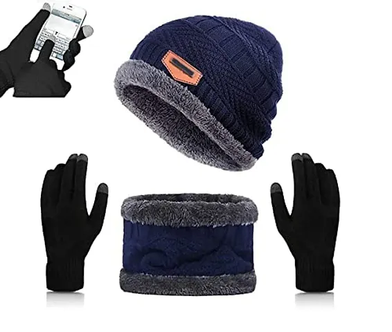 Davidson Latest Stylish Winter Woolen Beanie Cap Scarf (Fur Inside) and Touchscreen Gloves Set for Men and Women Stretch Warm Winter Cap
