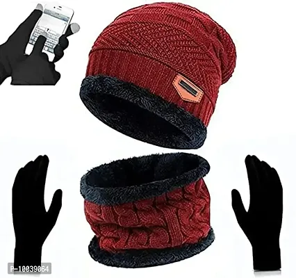 Winter Woolen Cap, Neck Warmer Scarf with Tuch Gloves Set| Beanie Style| 3 Piece Set| Warm Winter Neck Scarf, Tuch Gloves and caps Suitable for Men and Women|Stylish (Red)-thumb0