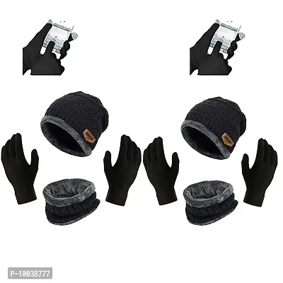 DAVIDSON Winter Knit Beanie Cap Hat Neck Warmer Scarf and Woolen Gloves Set for Men  Women (3 Piece) (C12)