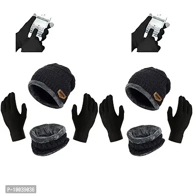 Latest Stylish Winter Woolen Beanie Cap Scarf (Fur Inside) and Touchscreen Gloves Set for Men and Women Stretch Warm Winter Cap (2 Black)