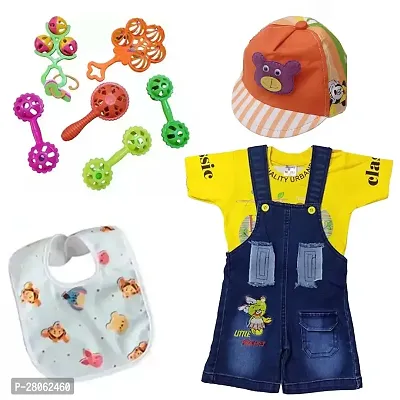 Dungaree Dress with Cap, 5 Rattle Baby Bibs-thumb0