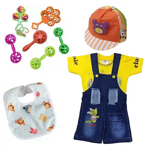 Dungaree Dress with Cap, 5 Rattle Baby Bibs