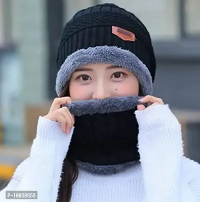 DAVIDSON 2 Pcs - Cap and Scarf - Imported Soft Warm Snow and Air Proof Fleece Knitted Cap (Inside Fur) Woolen Beanie Winter Cap with Scarf for Women Girl Ladies (C2)-thumb3