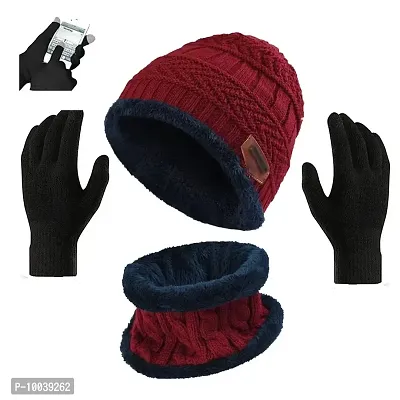 Davidson Winter Cap, Neck Scarf/Neck Warmer with Hand Gloves Touch Screen for Men & Women, Warm Neck and Cap with touch screen glove (Red)