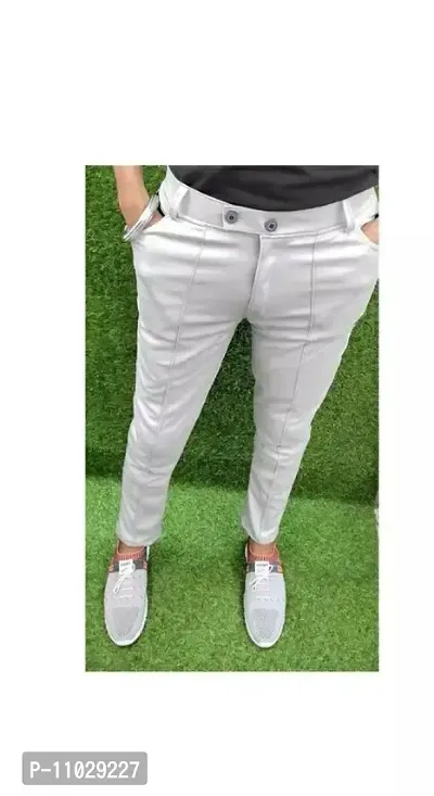 White Cotton Spandex Mid Rise Casual Trousers For Men