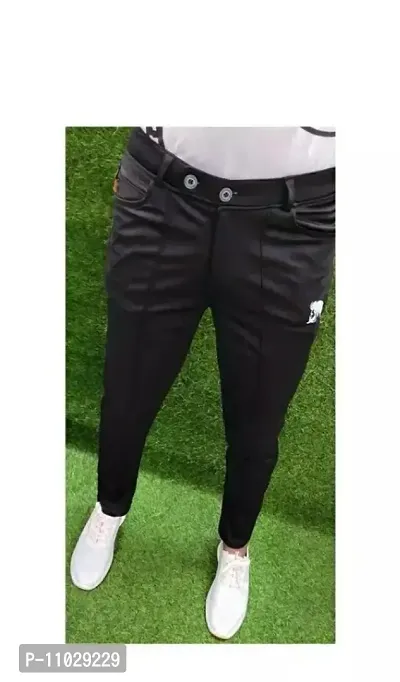 Black Cotton Spandex Mid Rise Casual Trousers For Men